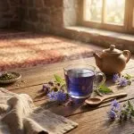 خواص درمانی گل گاوزبان در دمنوش گیاهی زافیرو؛ تصویری از فنجان دمنوش گل گاوزبان با گل‌های تازه و خشک، مناسب برای آشنایی با فواید این گیاه دارویی.