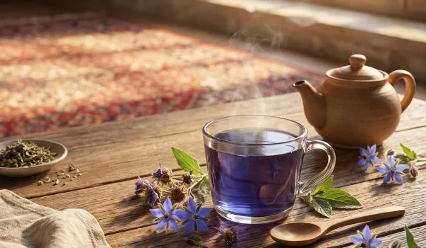 خواص درمانی گل گاوزبان در دمنوش گیاهی زافیرو؛ تصویری از فنجان دمنوش گل گاوزبان با گل‌های تازه و خشک، مناسب برای آشنایی با فواید این گیاه دارویی.