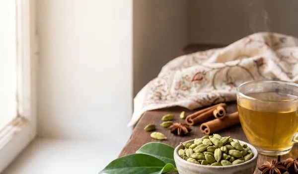 هل سبز تازه با دانه‌های معطر در کنار دمنوش گیاهی، مناسب معرفی خواص هل و فواید مصرف این ادویه طبیعی.